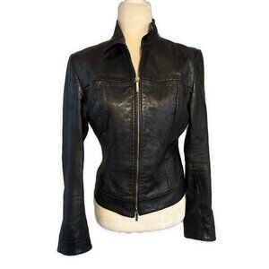 Identity Solid Black Genuine Leather Long Sleeve Zip Up Biker Jacket 6 Small